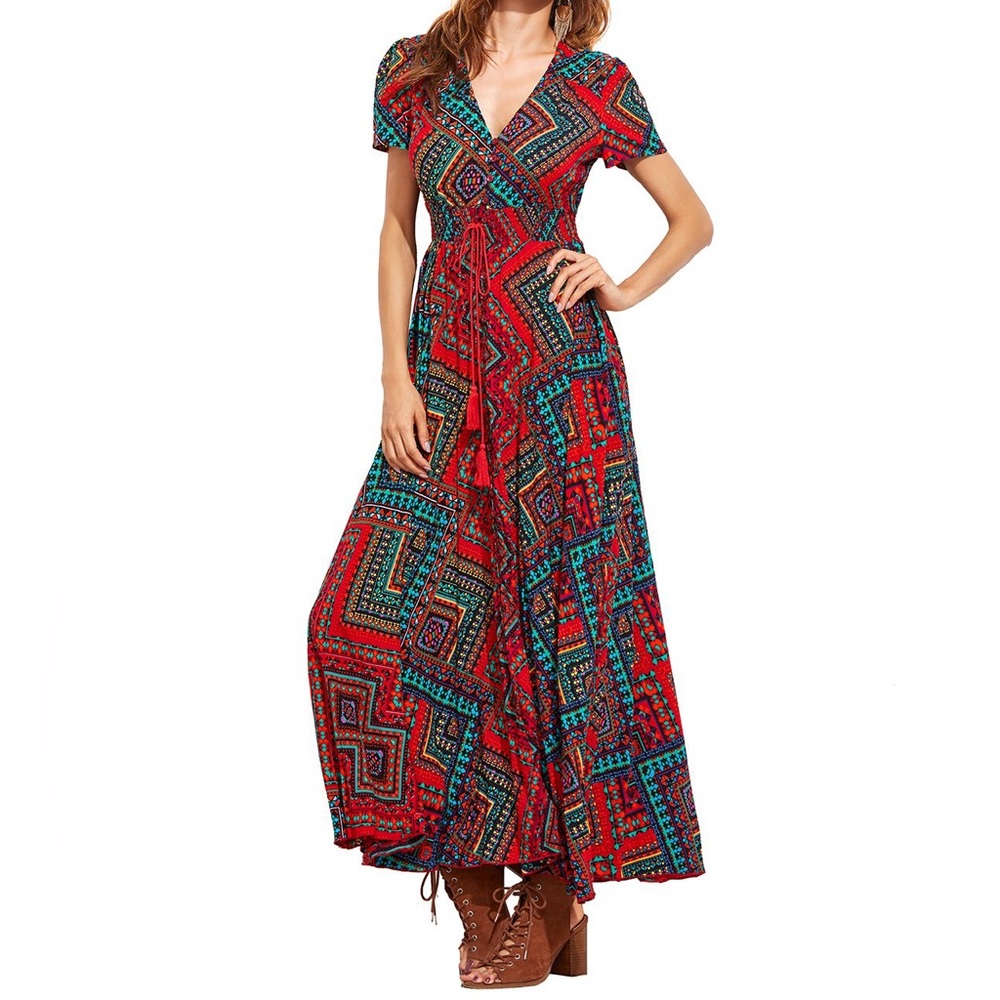 Unknown Brand Red Aztec Print Button Front Short Sleeve Maxi Dress size Small